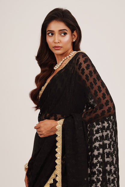 Black Sequinned Brasso Saree With Blouse