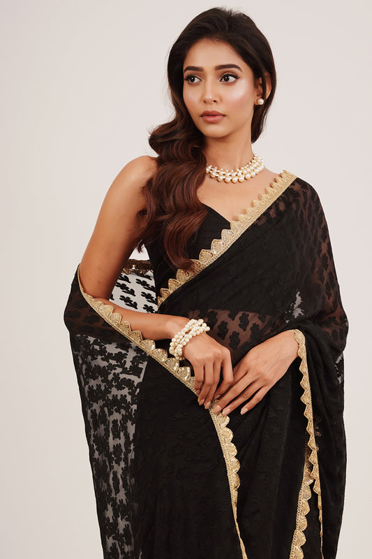 Black Sequinned Brasso Saree With Blouse