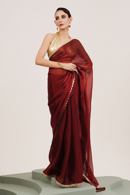 Maroon Sequinned Organza Saree With Blouse