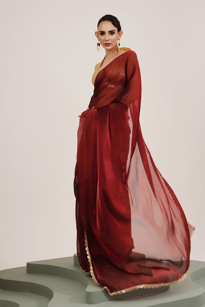 Maroon Sequinned Organza Saree With Blouse