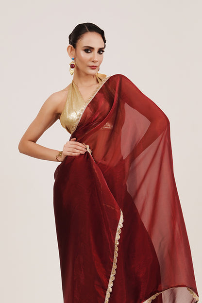 Maroon Sequinned Organza Saree With Blouse