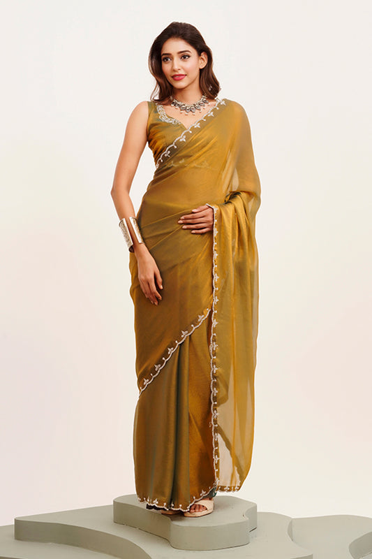 Brown Satin Saree Beads And Stones With Blouse