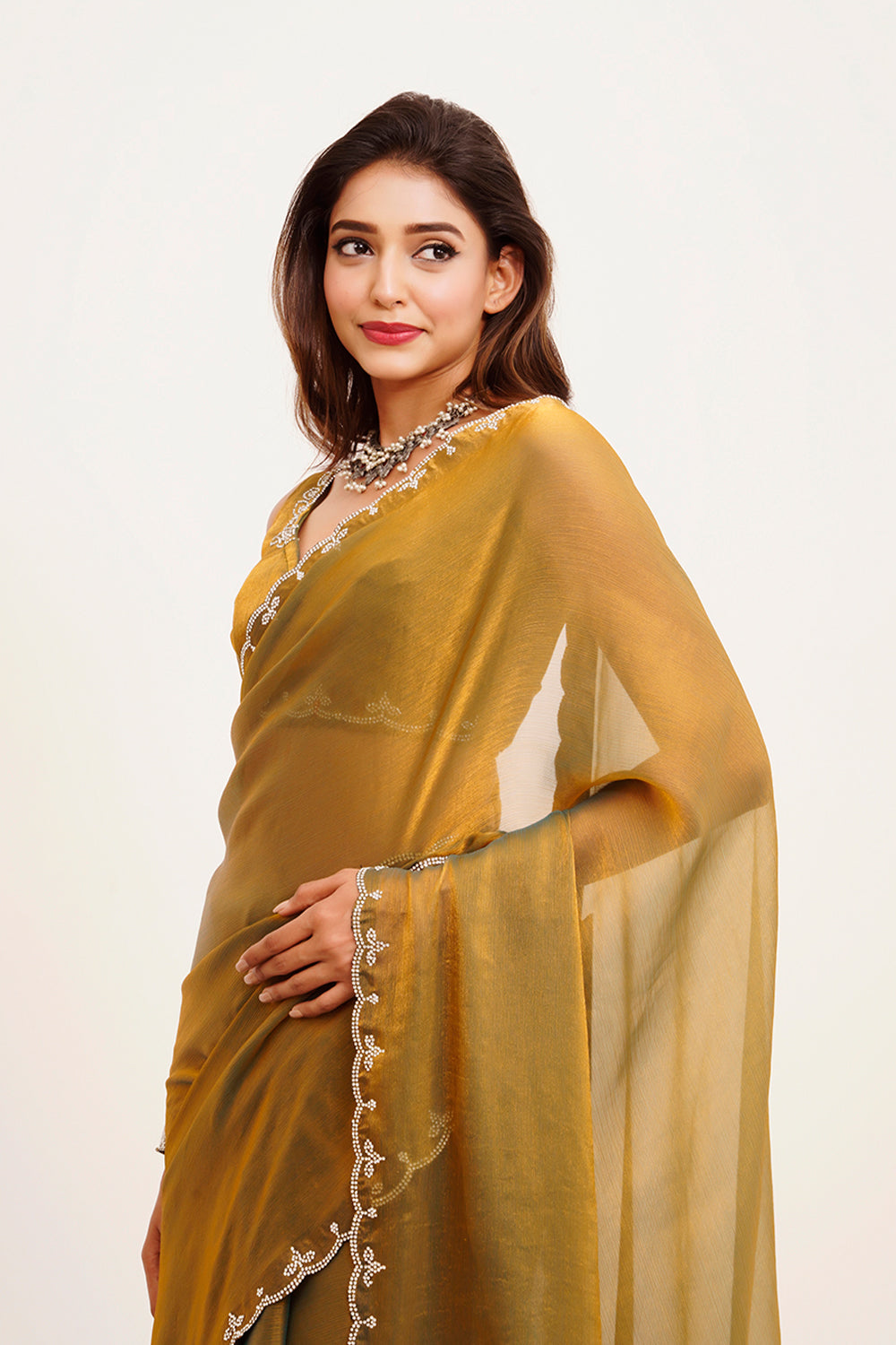 Brown Satin Saree Beads And Stones With Blouse