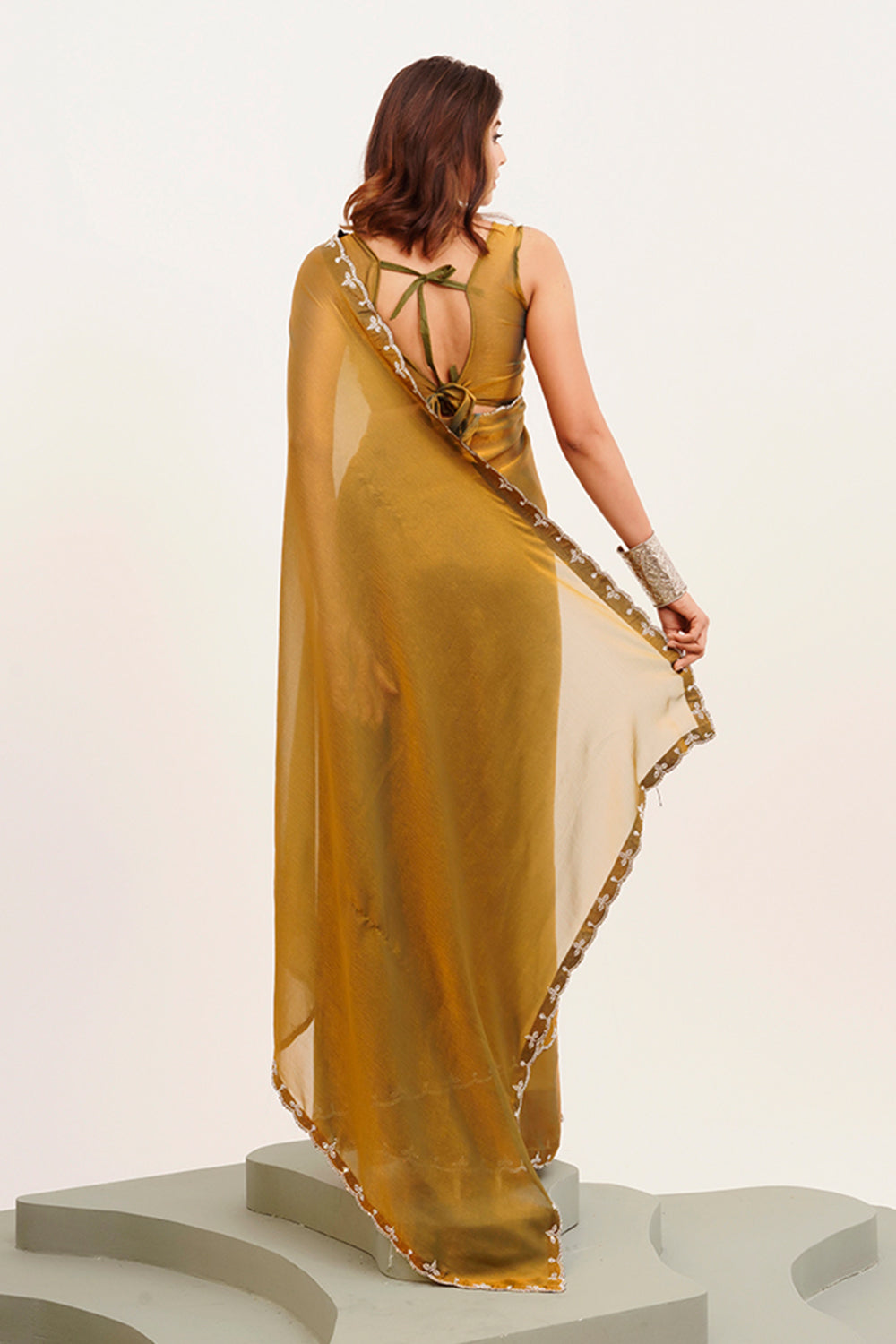 Brown Satin Saree Beads And Stones With Blouse