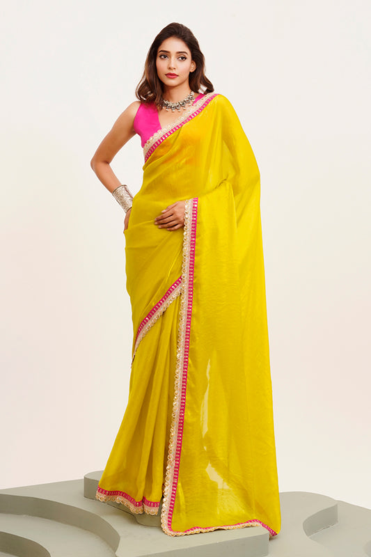 Yellow Satin Saree Beads And Stones With Blouse