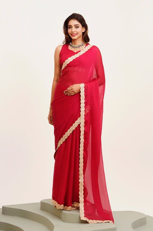 Red Sequinned Chiffon Saree With Blouse