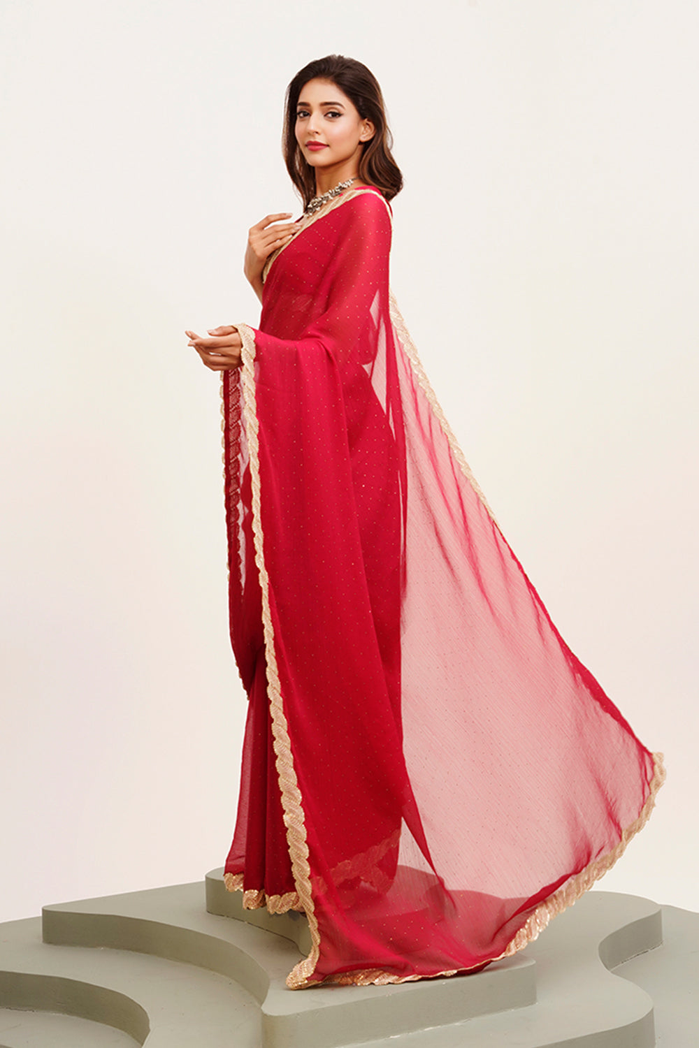 Red Sequinned Chiffon Saree With Blouse