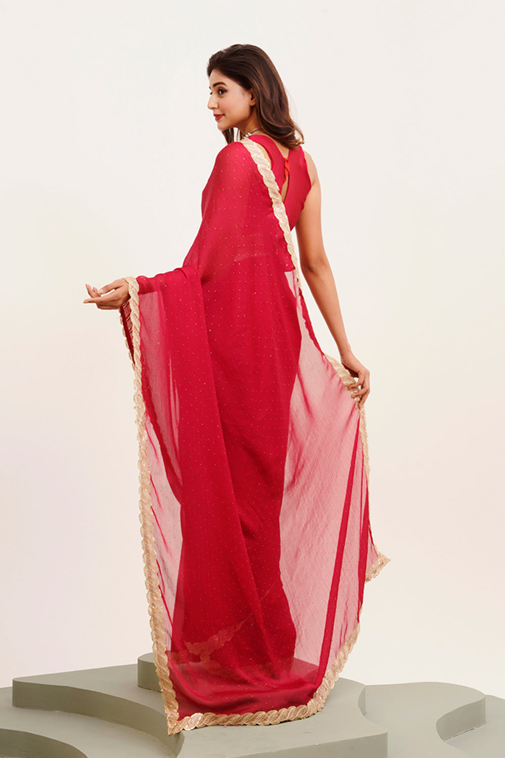 Red Sequinned Chiffon Saree With Blouse