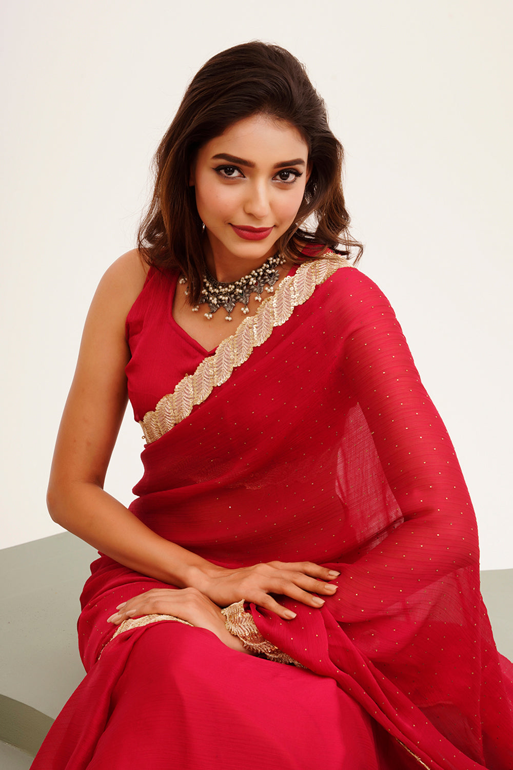 Red Sequinned Chiffon Saree With Blouse