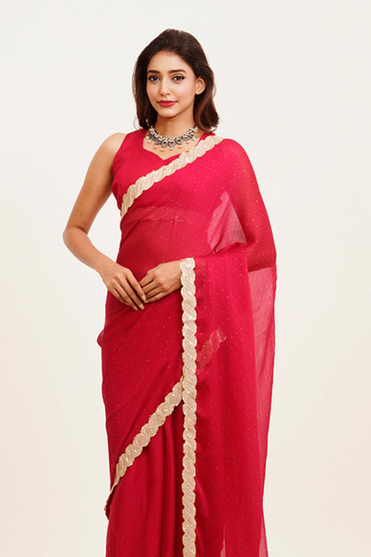 Red Sequinned Chiffon Saree With Blouse