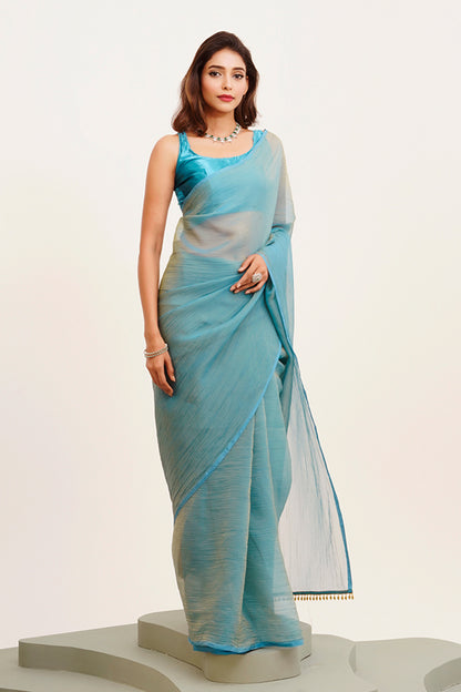 Turquoise Blue Solid Satin Saree With Blouse