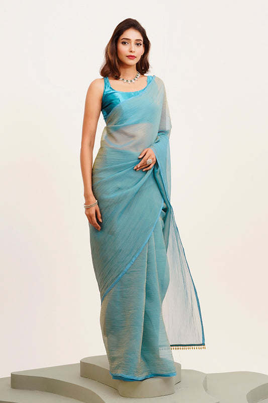 Turquoise Blue Solid Satin Saree With Blouse