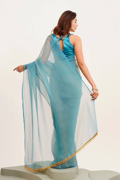 Turquoise Blue Solid Satin Saree With Blouse