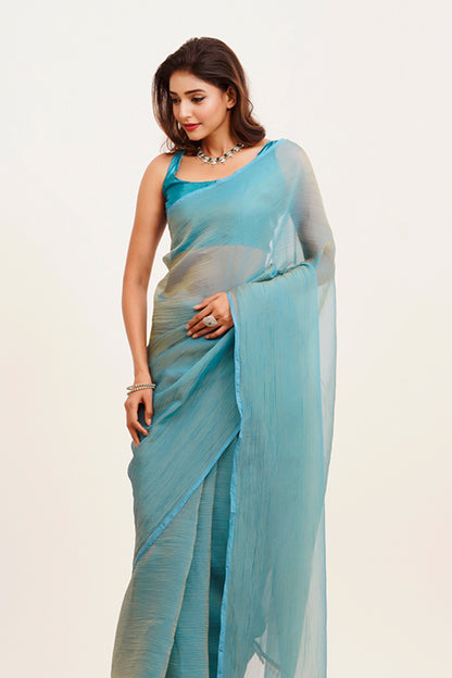 Turquoise Blue Solid Satin Saree With Blouse