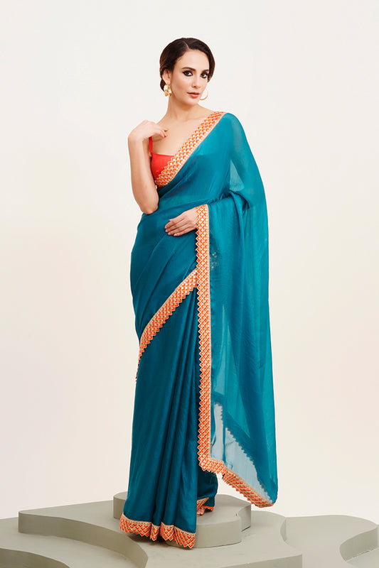 Teal Sequinned Chiffon Saree With Blouse
