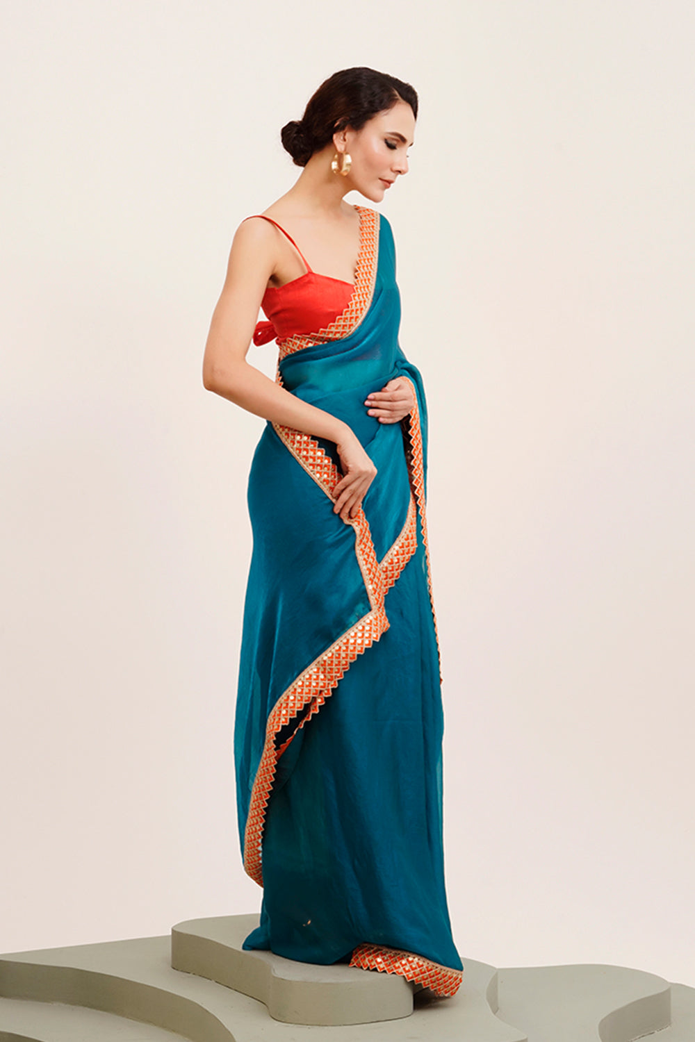 Teal Sequinned Chiffon Saree With Blouse