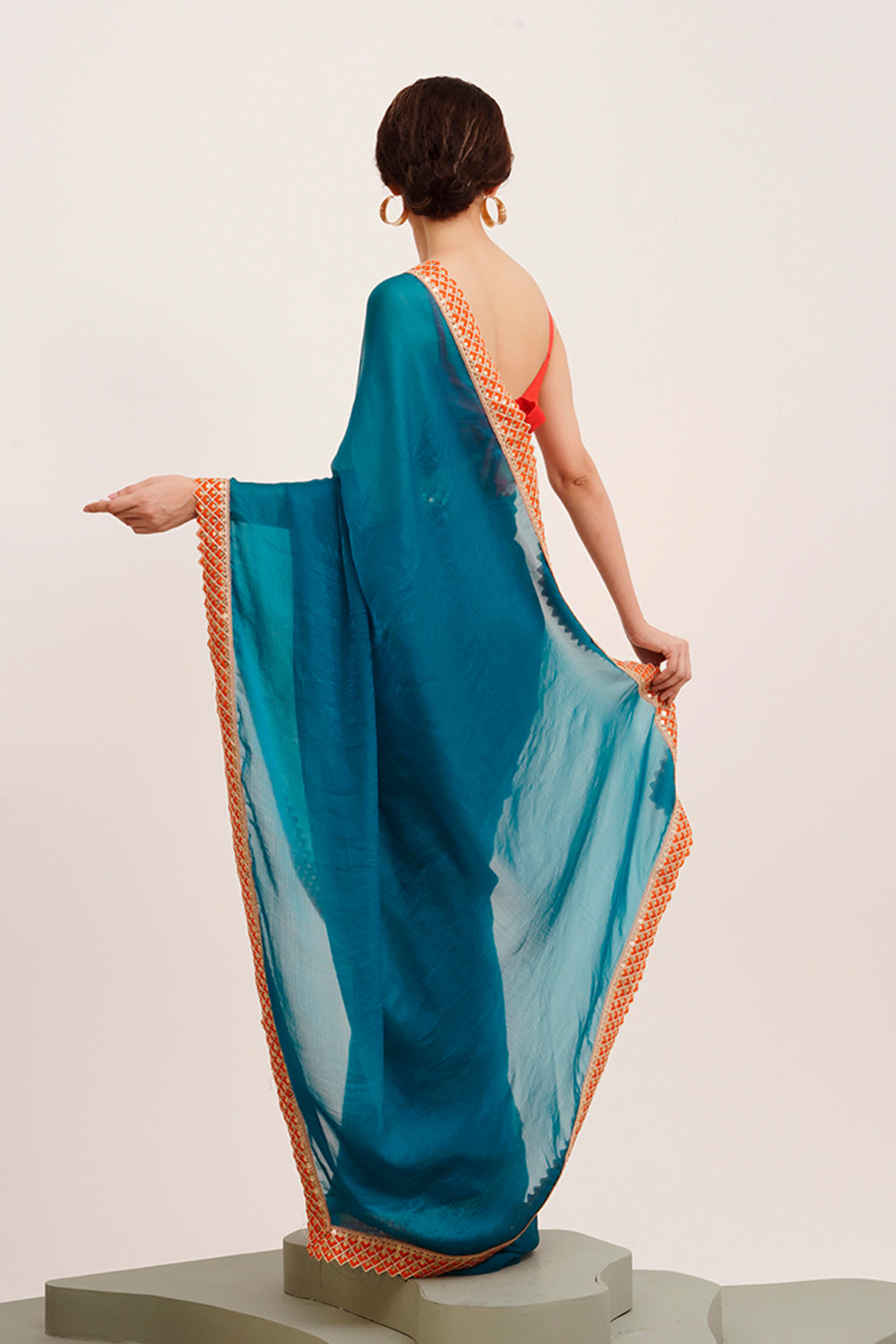 Teal Sequinned Chiffon Saree With Blouse