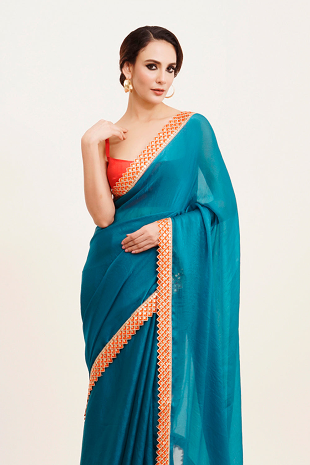 Teal Sequinned Chiffon Saree With Blouse