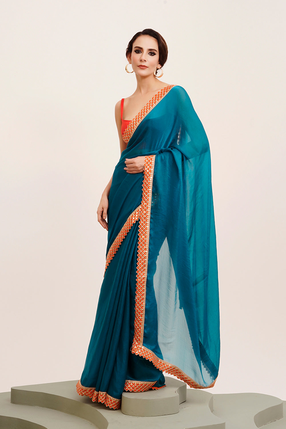 Teal Sequinned Chiffon Saree With Blouse