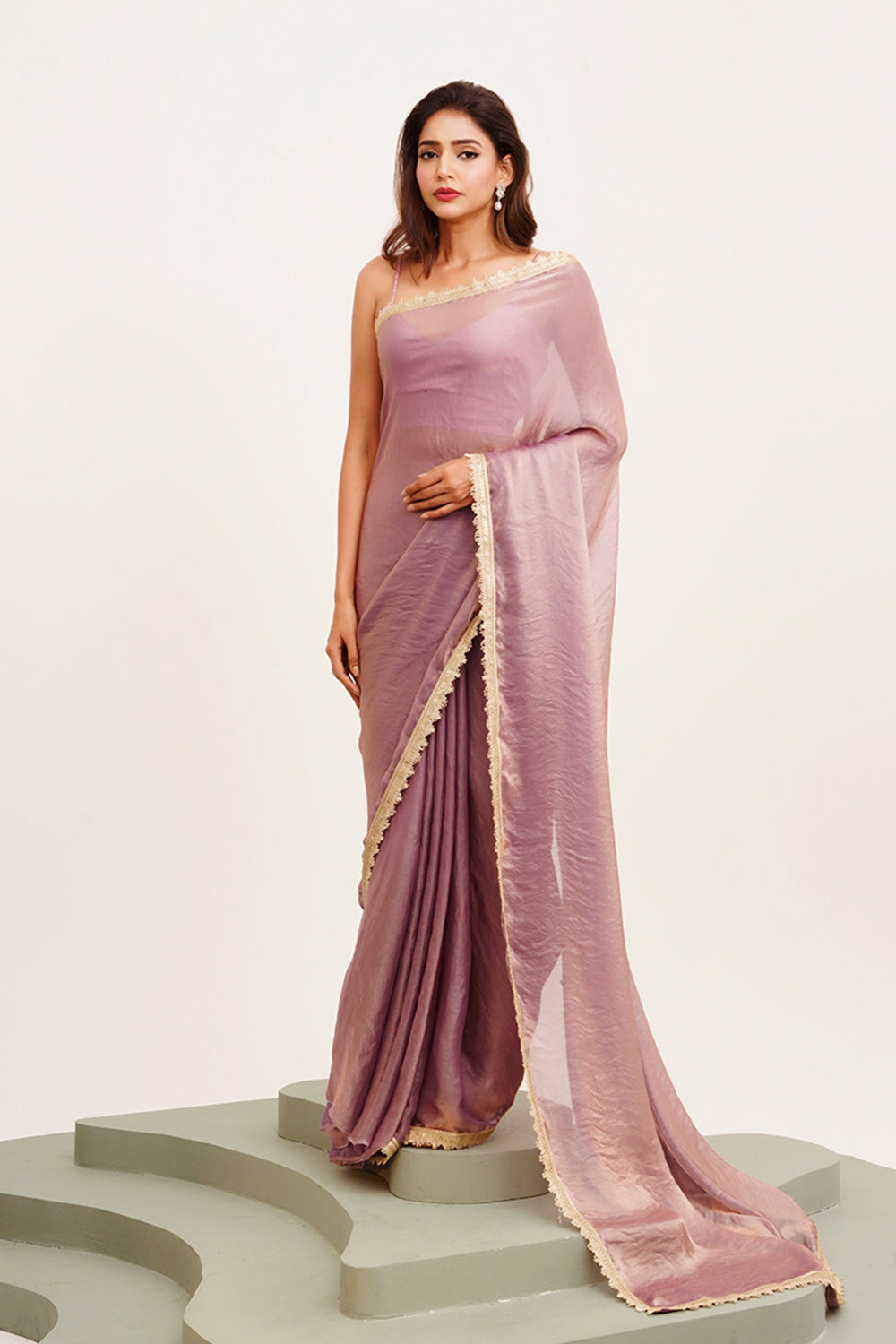 Dusty Pink Sequinned Satin Saree With Blouse