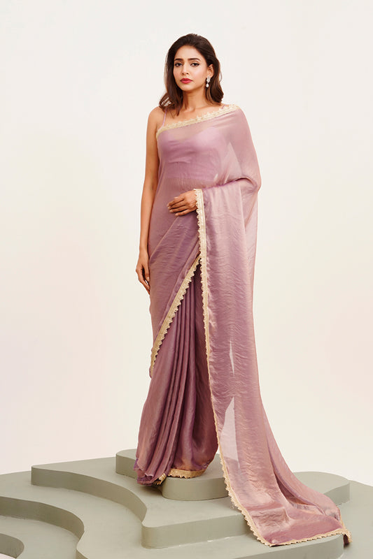 Dusty Pink Sequinned Satin Saree With Blouse