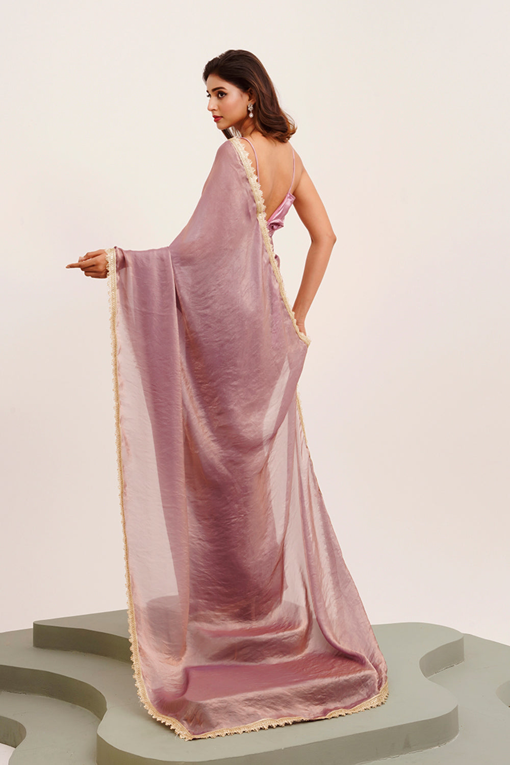 Dusty Pink Sequinned Satin Saree With Blouse