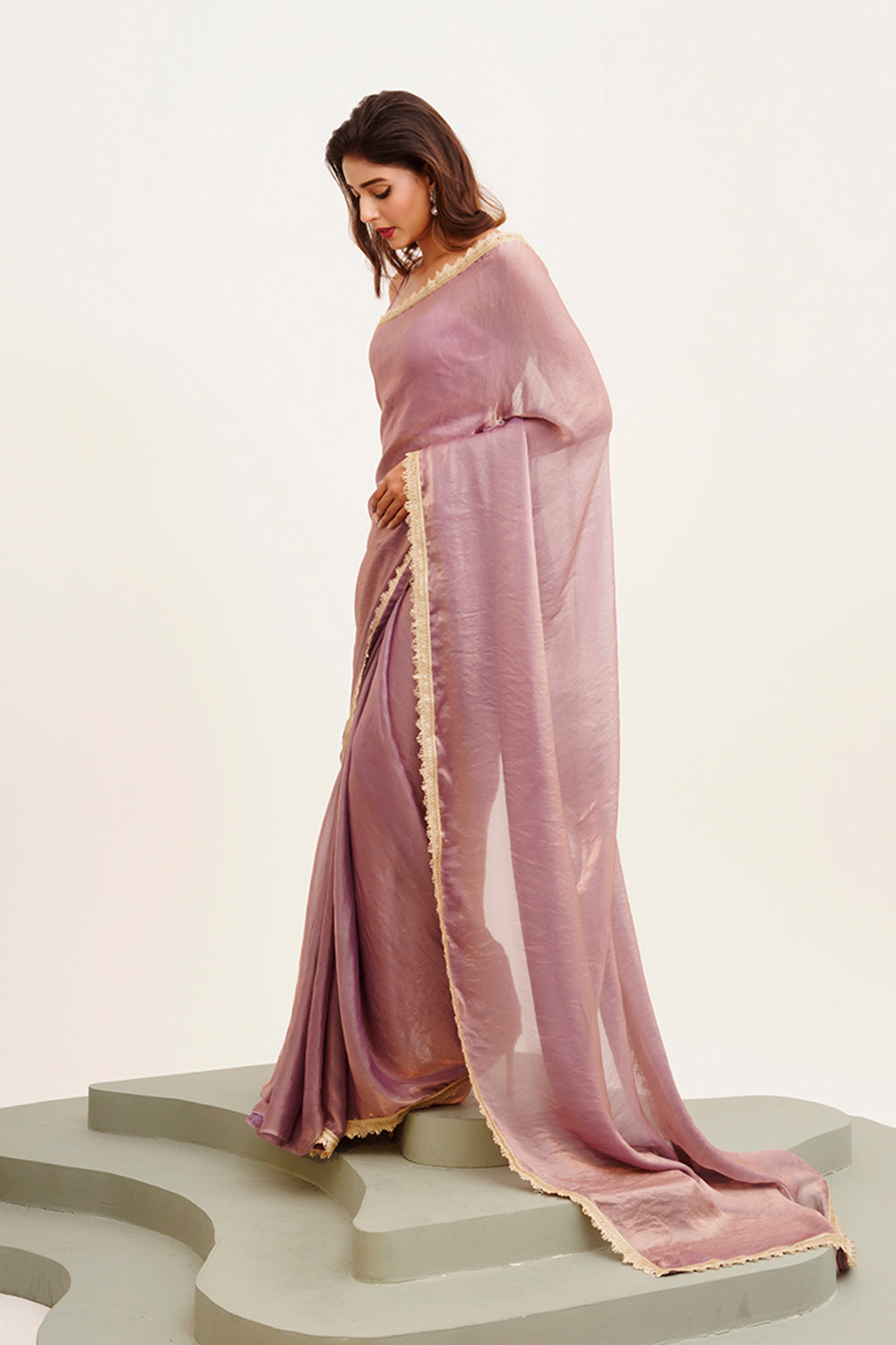 Dusty Pink Sequinned Satin Saree With Blouse