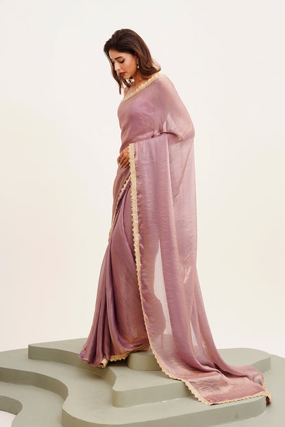 Dusty Pink Sequinned Satin Saree With Blouse