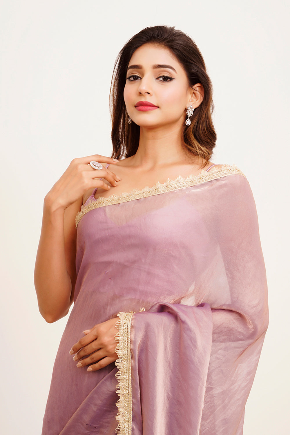 Dusty Pink Sequinned Satin Saree With Blouse