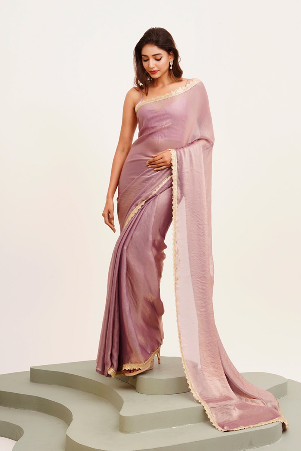 Dusty Pink Sequinned Satin Saree With Blouse