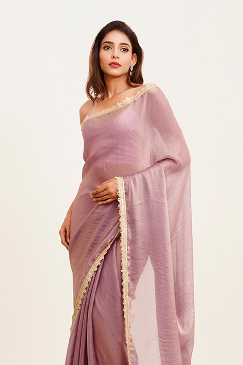 Dusty Pink Sequinned Satin Saree With Blouse