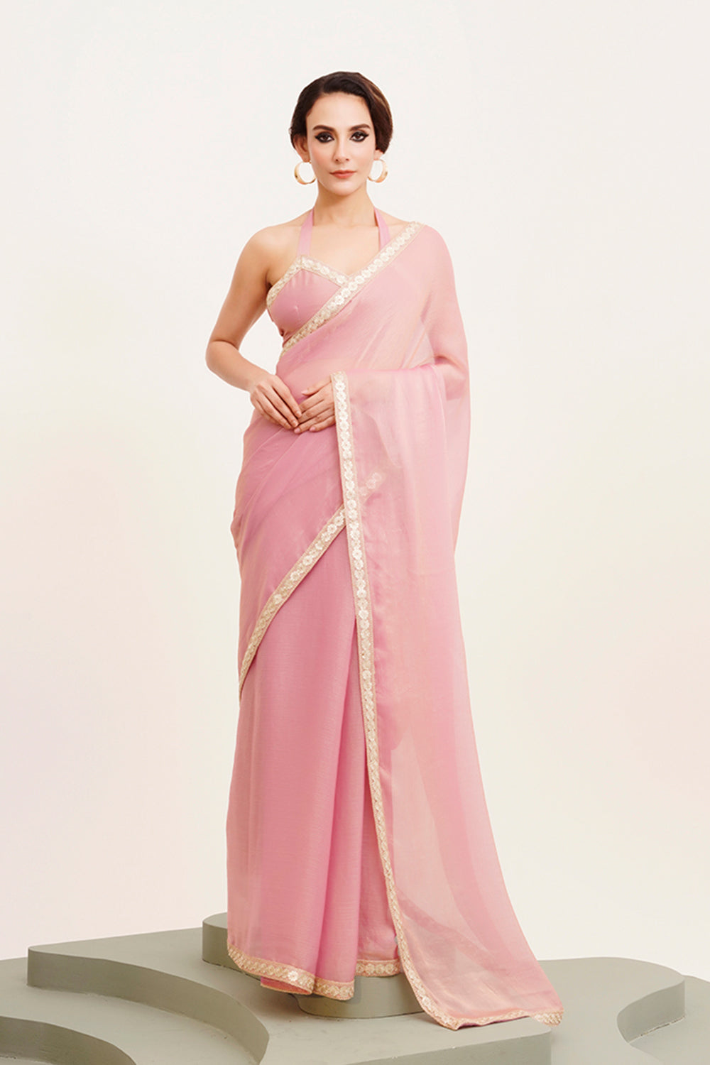 Pink Sequinned Chiffon Saree With Blouse
