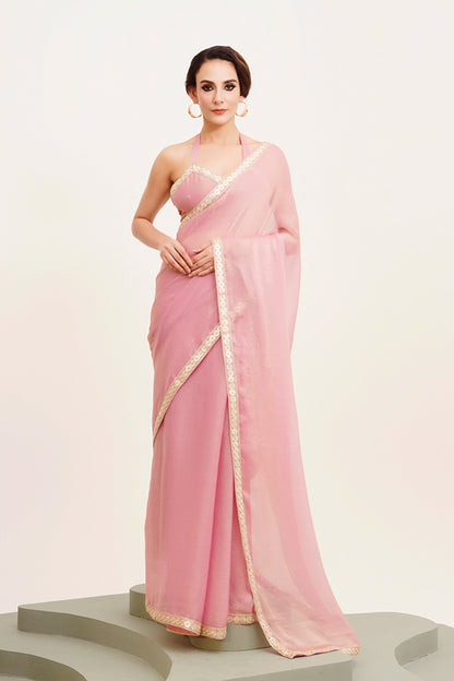 Pink Sequinned Chiffon Saree With Blouse