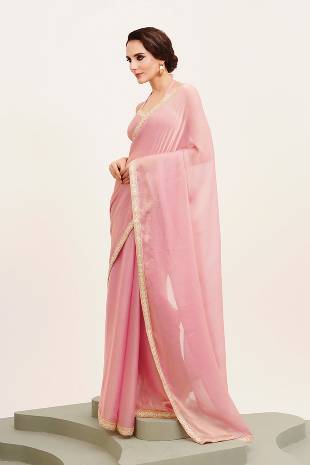 Pink Sequinned Chiffon Saree With Blouse