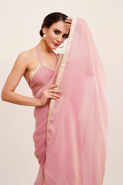 Pink Sequinned Chiffon Saree With Blouse