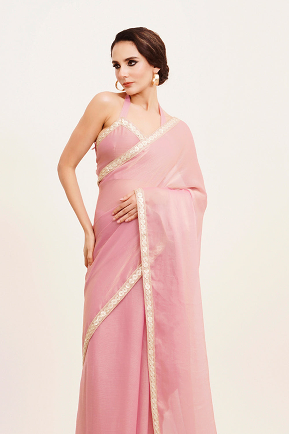 Pink Sequinned Chiffon Saree With Blouse