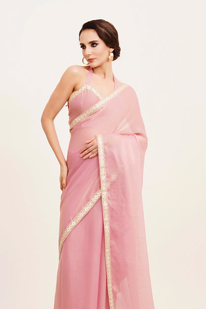 Pink Sequinned Chiffon Saree With Blouse