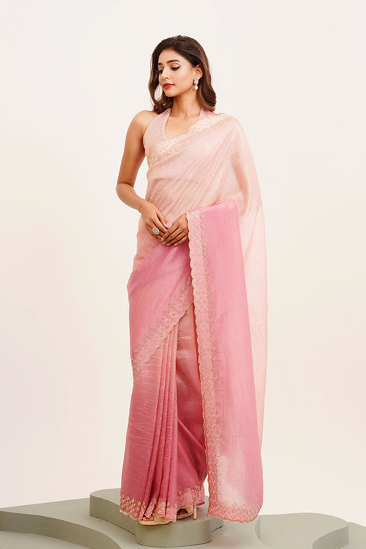 Pink Beads And Stones Tissue Saree With Blouse