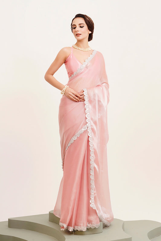 Pink Sequinned Organza Saree With Blouse
