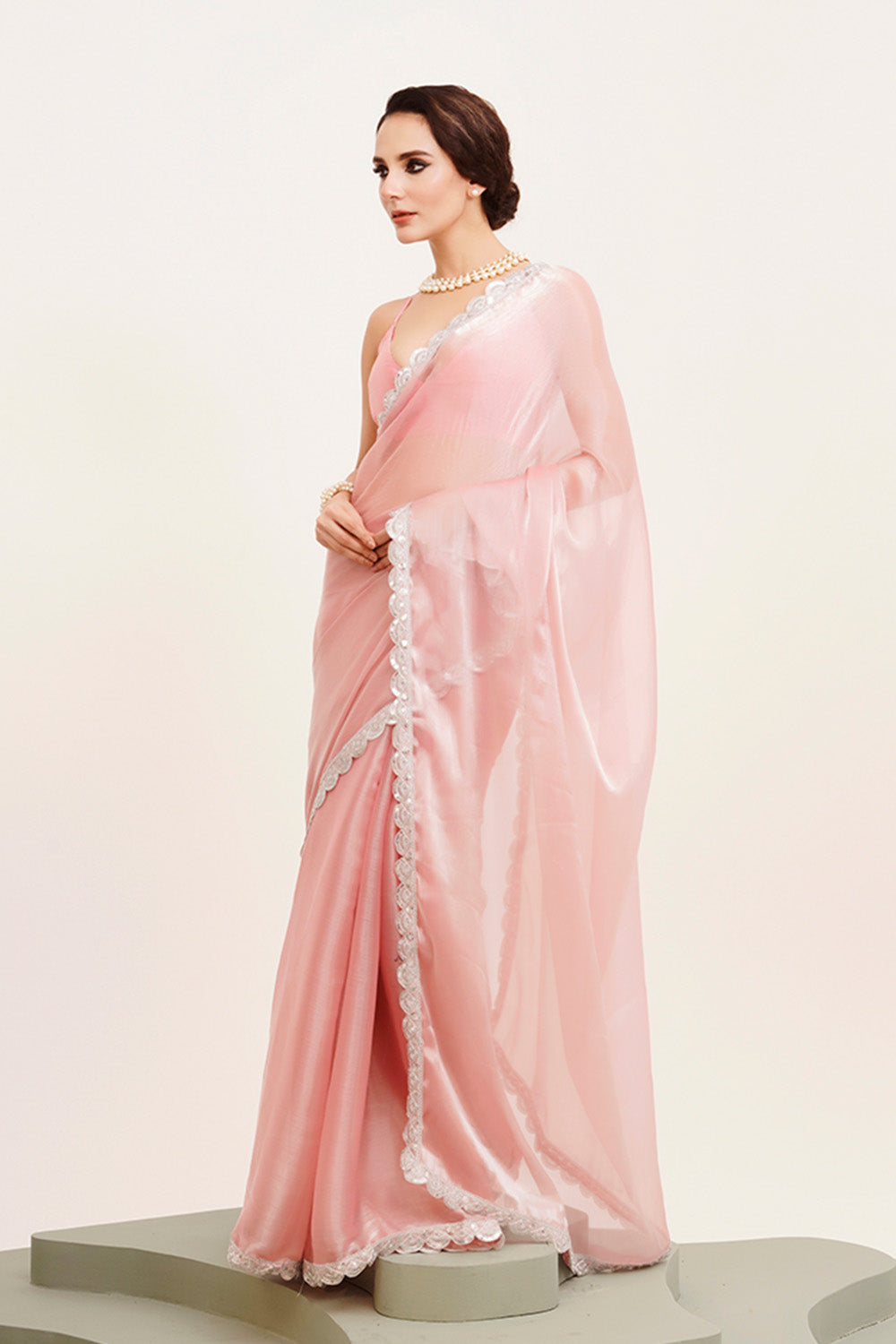 Pink Sequinned Organza Saree With Blouse