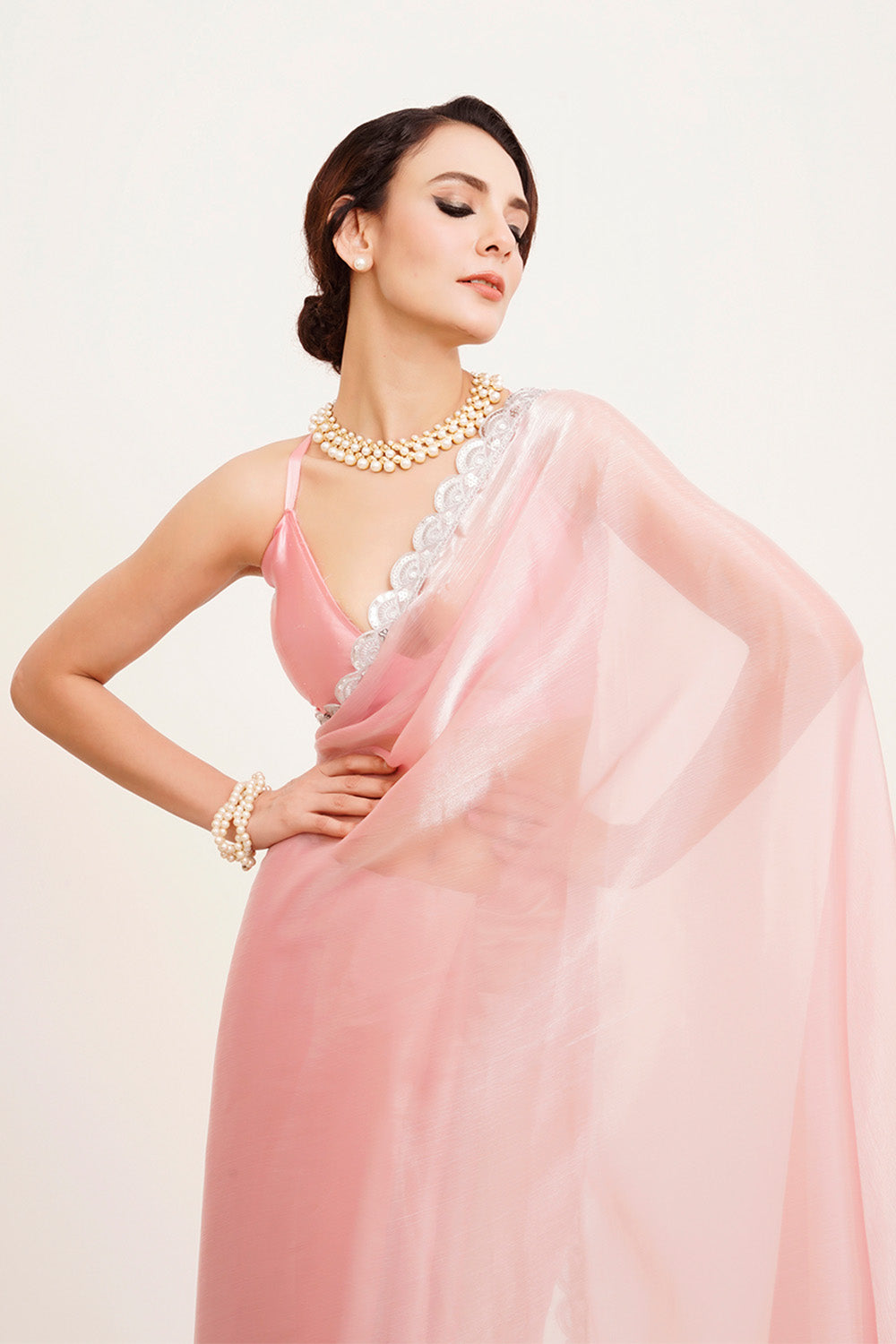 Pink Sequinned Organza Saree With Blouse
