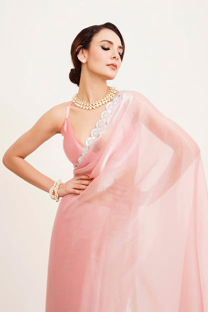 Pink Sequinned Organza Saree With Blouse