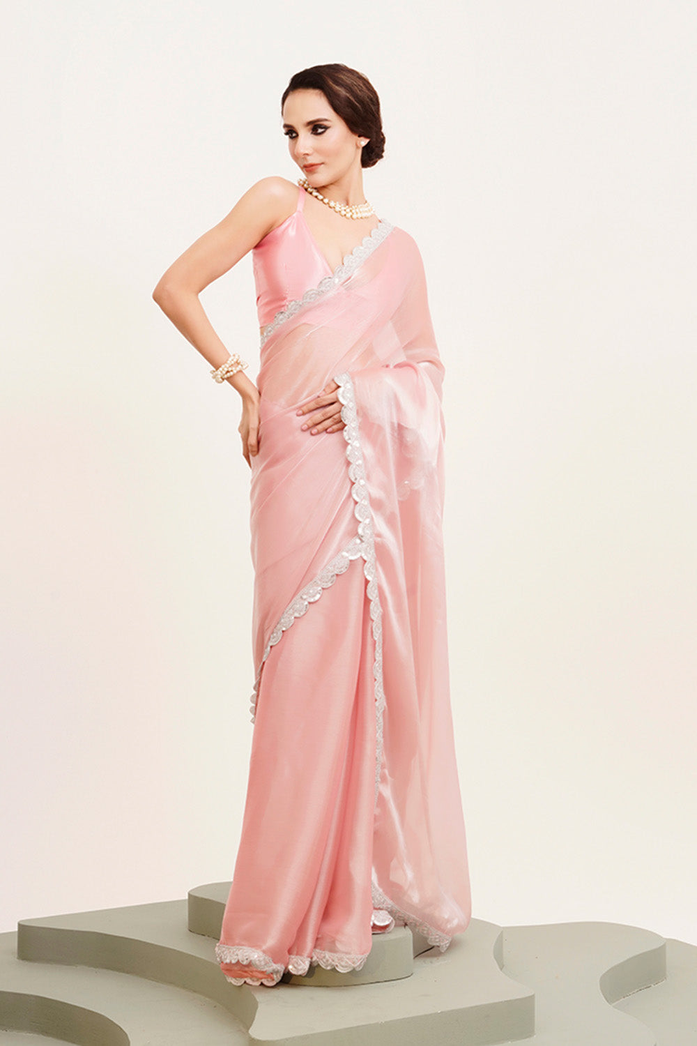 Pink Sequinned Organza Saree With Blouse
