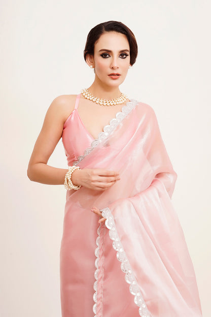 Pink Sequinned Organza Saree With Blouse