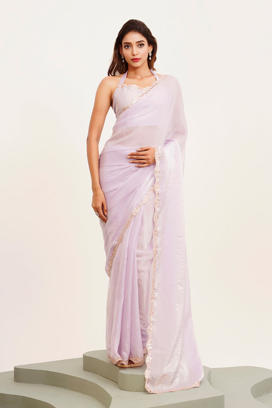 Lavender Sequinned Tissue Saree With Blouse