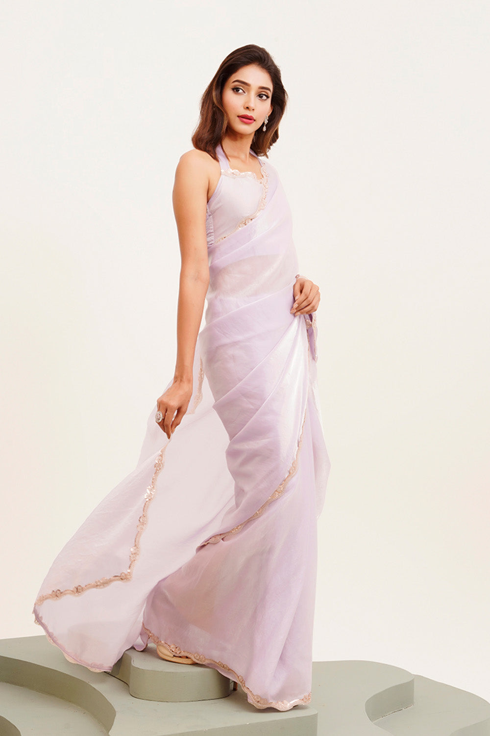 Lavender Sequinned Tissue Saree With Blouse