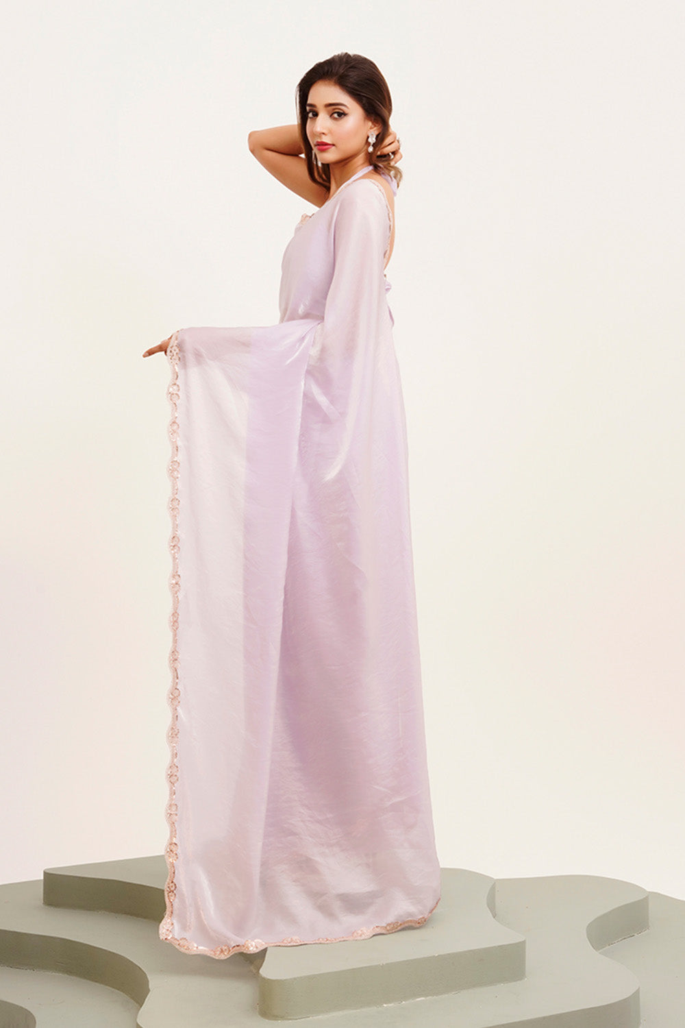 Lavender Sequinned Tissue Saree With Blouse