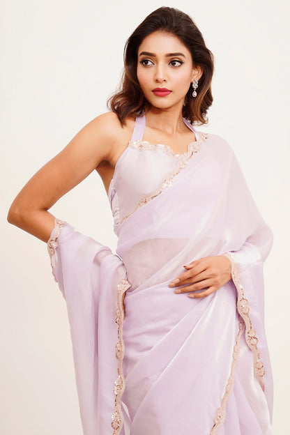 Lavender Sequinned Tissue Saree With Blouse