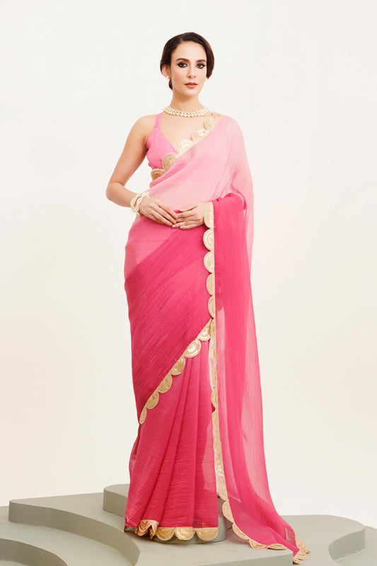 Pink Sequinned Chiffon Saree With Blouse