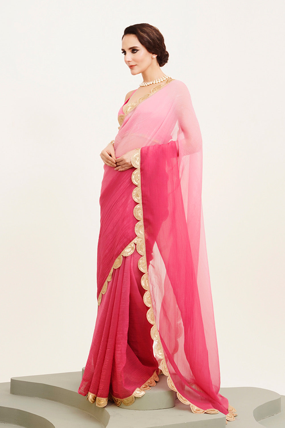 Pink Sequinned Chiffon Saree With Blouse